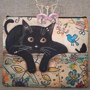 Cat Print Pouch & Earrings Set